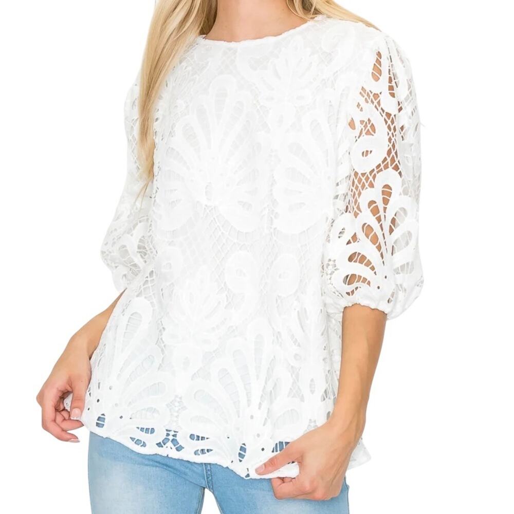 JOH Lily Romantic Lace Top S White Guipure Puffed Sleeve Lined Bodice Coquette